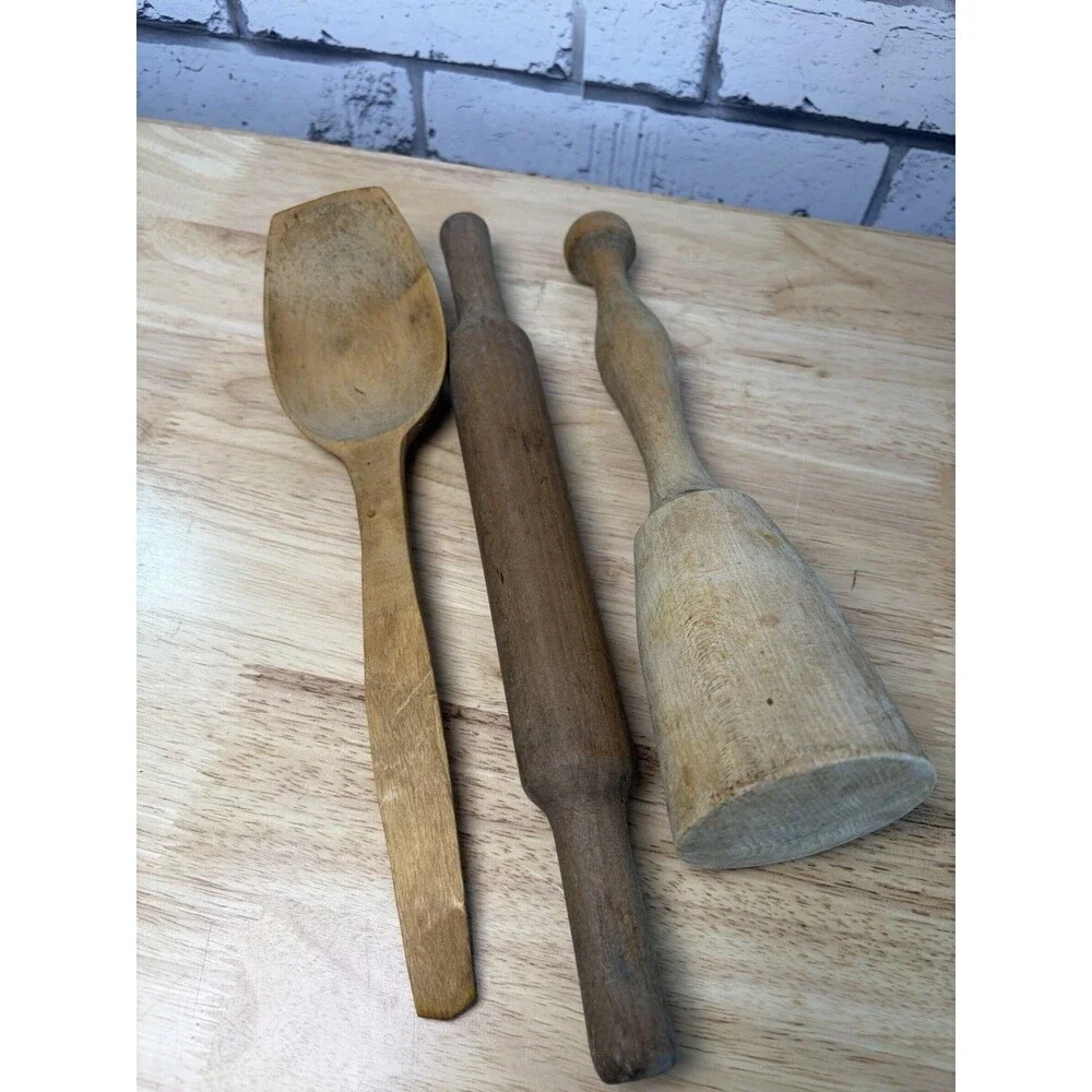 Vintage WoodKitchen Utencil Lot Cow Cutting Board Masher Spoon Rolling Pin Box +